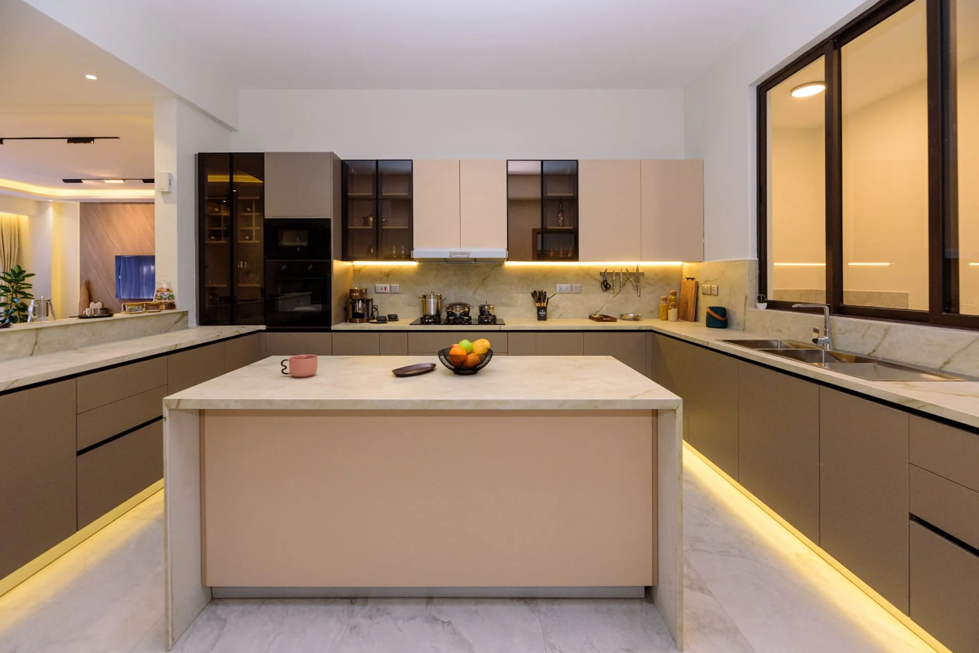Krishna Bliss show house, island kitchen with stone worktops