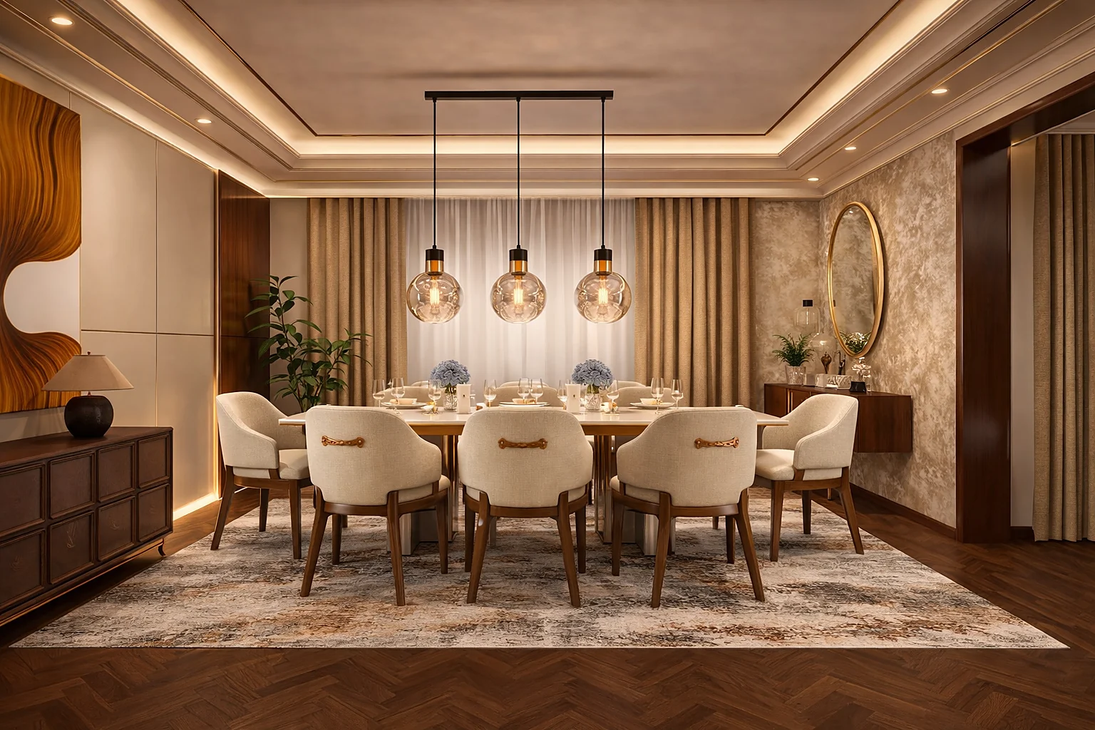 Private residence dining room with pendant trio and herringbone floor