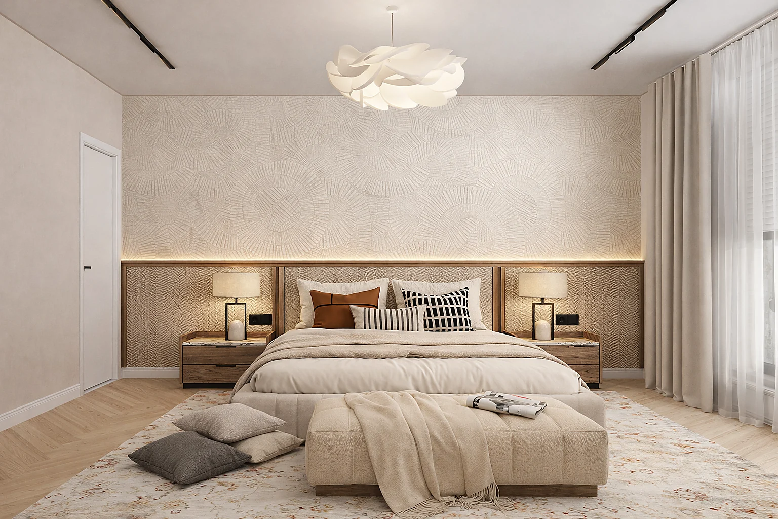 Private residence guest bedroom with textured headboard wall and bench