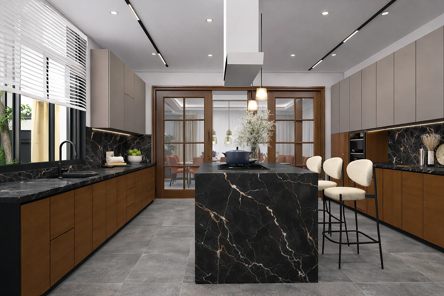 Private residence kitchen with marble island, timber joinery and bar seating