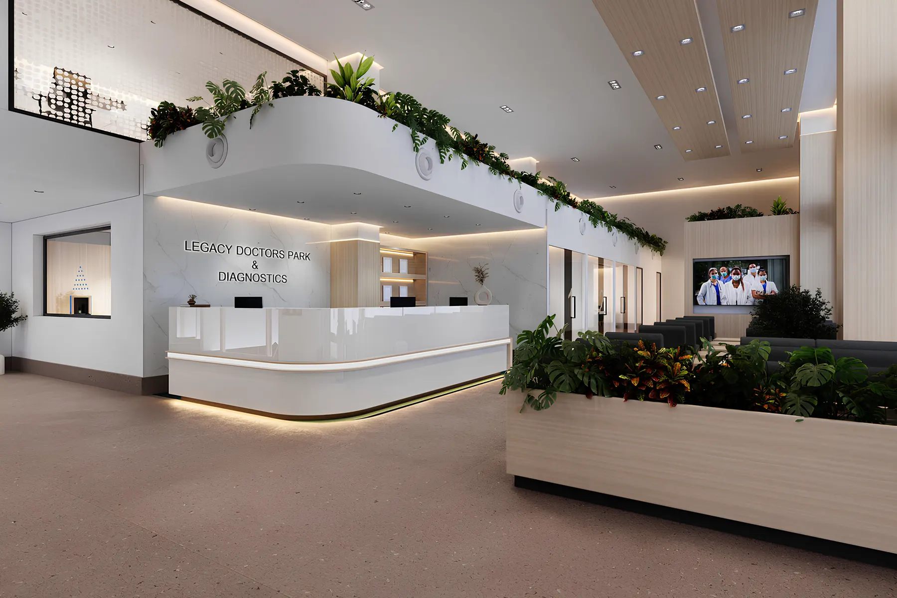 Healthcare reception with curved desk and planting