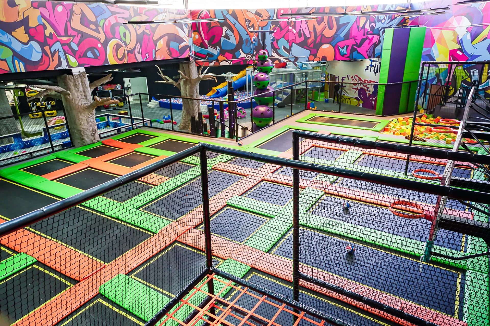 Mezzanine view over the Star Jump arena and soft play
